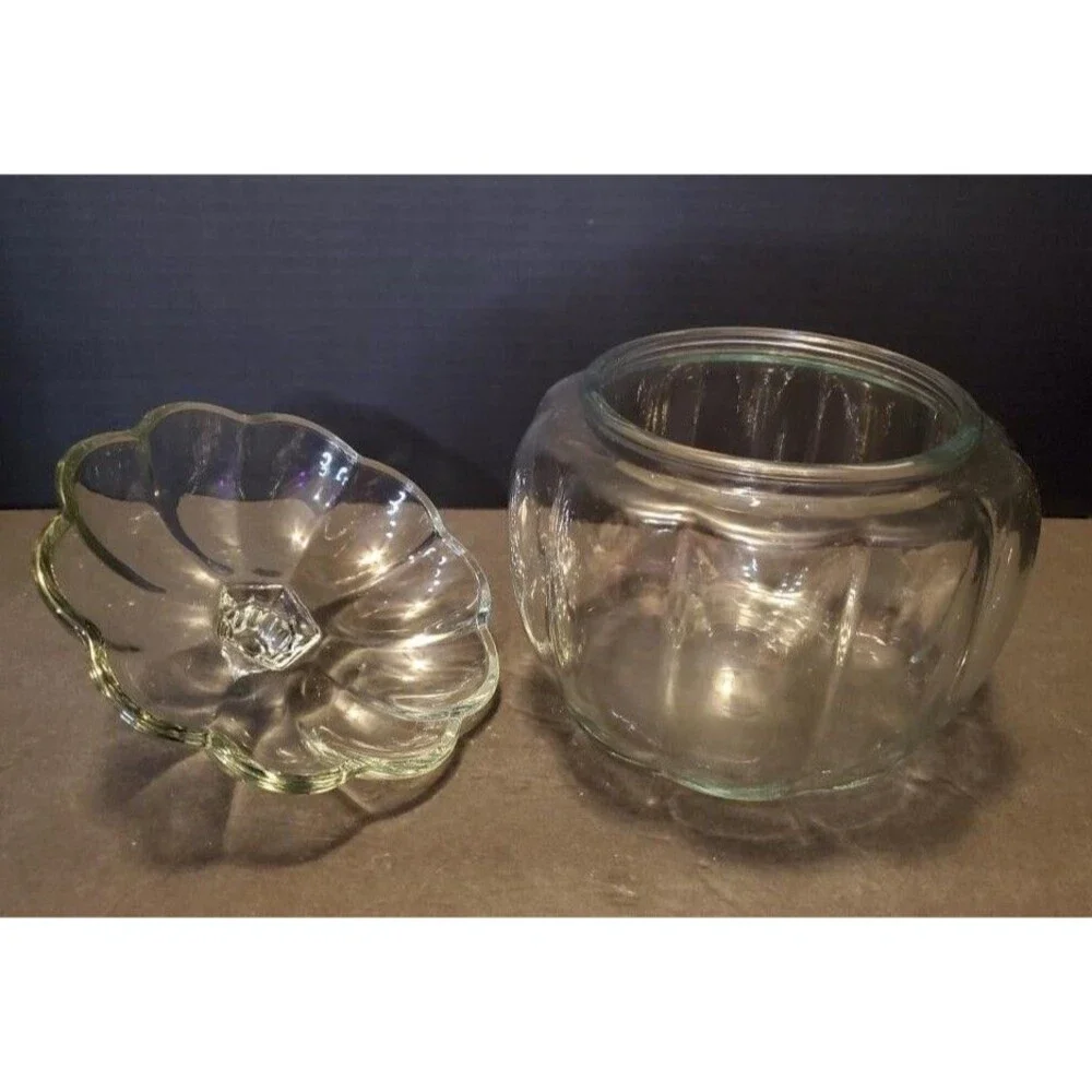 Anchor Hocking Pumpkin Cookie Jar Candy Glass Dish W/ Lid 7” Fall Halloween Vtg